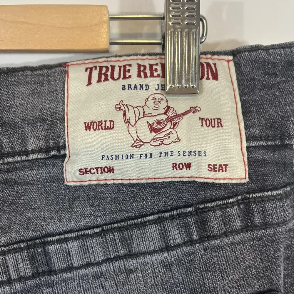 True Religion Men's Washed Gray Straight Jeans with Red Stitching